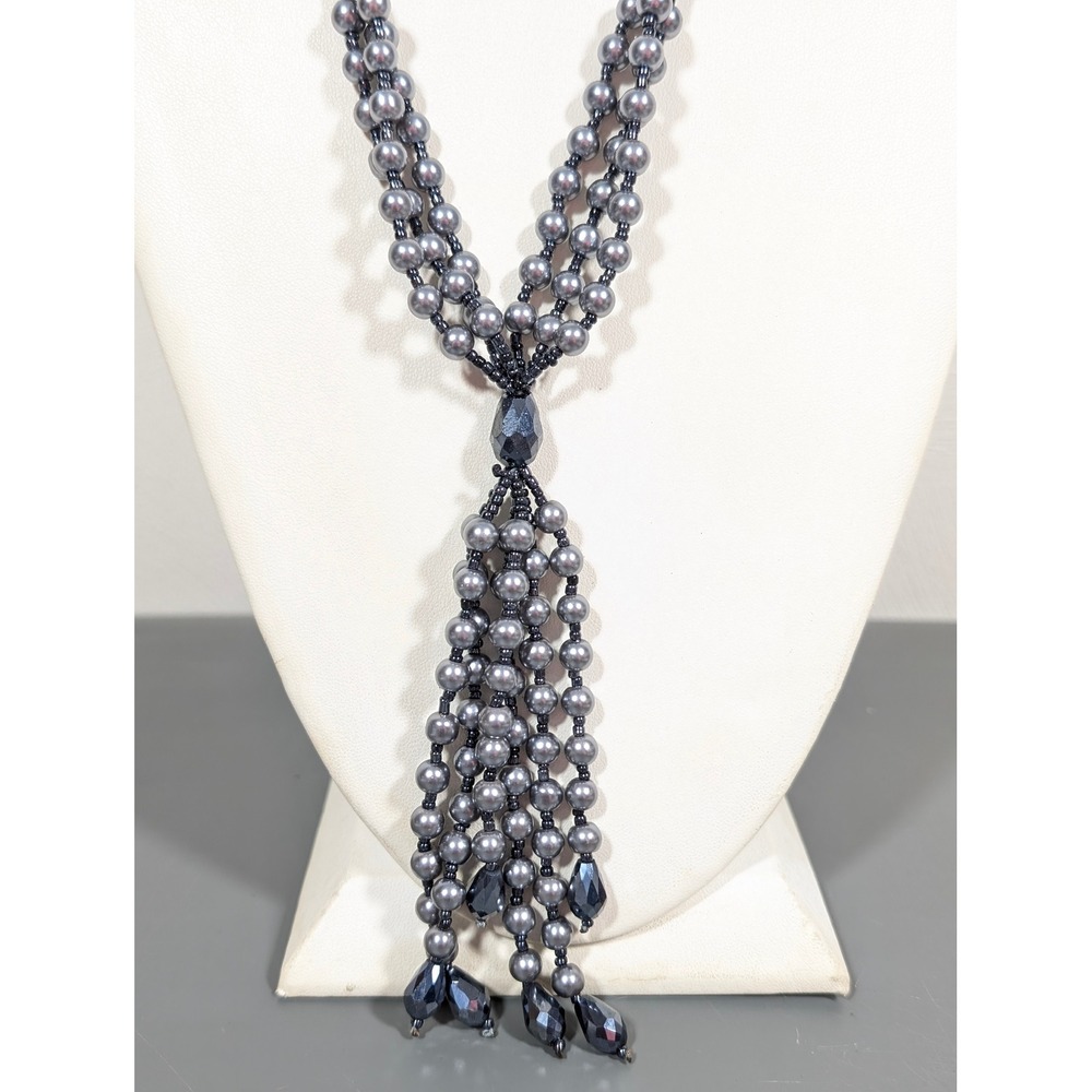Gunmetal Gray Glass Faux Pearl Tassel Necklace Long Beaded Statement 32in